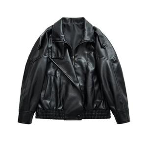 UrbanMuse UK Women's Faux Leather Jacket Black & Brown Stand Collar Structured Shoulder Cropped Coat Chic Autumn Winter Outerwear Thermal Protection Anti-Static Windproof Tops