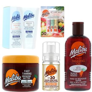 Malibu Summer Tanning & Sun Care Set – Fast Tanning Butter, Oil, SPF 30 Hair & Scalp Spray, Miracle Tan Lotion & SPF Lip Balm – Glowing Tan & Sun Protection Essentials
