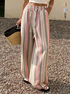 Women's Spring & Autumn Daily Light Sport Vacation Running Vertical Stripe Drawstring Wide Leg Pants Home Outdoor City Loose Trend Casual Elegant Youth Simple Versatile Texture Temperament Literary Art