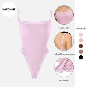 KatchMe Women's Solid Color Spaghetti Strap Lace Trim Stretch Bodysuit, Comfort Basic Minimalist Fitted Casual Sleeveless Shapewear for Summer