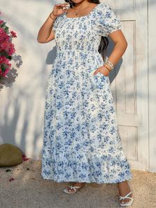 【Plus Size】 Ditsy Floral Print Pocket Dress, Boho Fashion Casual Long Dress for Daily Holiday Vacation Wear, Women Plus Clothing for Summer