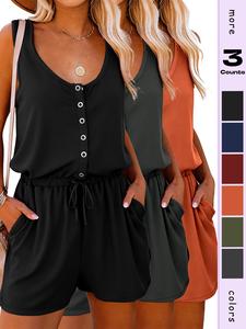 Women's Four Seasons Round Neck Button Sleeveless Everyday Stylish Shorts Jumpsuit, Adjustable Waist, Short Pants with Pockets, Outerwear & Home Sleepwear Set