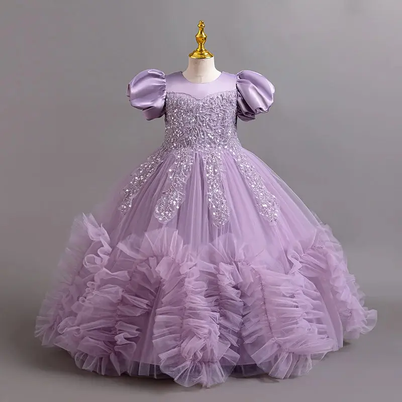 Girls' Pearl Puff Sleeve Princess Dress: Elegant Embroidered Evening Outfit