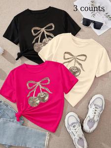 Women's Leopard Cherry & Bow Print Round Neck Tee, Casual Fitted Short Sleeve T-shirt for Daily Wear, Ladies Clothes for All Seasons