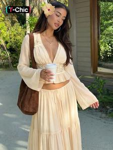 Women Womenswear Spring Autumn Long Sleeve V Neck Tops Long Skirt Beach Vacation Chiffon Two Piece Set Outfit