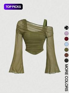 Women's Drop Shoulder Slim Fit Casual T-Shirt, Knit, Fashionable Comfortable Autumn Top, Stylish Ladies' Clothing for Daily Wear