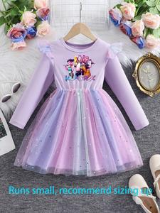 Dance Team Devil Hunter Princess Dress, Star Hem, Elegant Ruffle Cartoon Print, Perfect for Camping, Vacation, Party, Girls' Birthday Gift