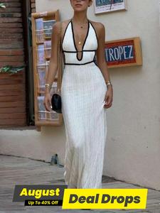 Summer Vacataion Wear Sleeveless Knit Elegant Summer Dresses, Minimalist Halter V Neck Backless Maxi Dress, Party Wear, Sexy See Through Dress, Womenswear, Cocktail Formal Wear, Backless Bodycon Sleeveless Dresses, White