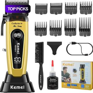 Kemei Km-90-4 Men's Professional Hair Clippers with LED Display, Wireless Trimmer with Dlc Blade & Charging Base, 2000mah, Barber Use