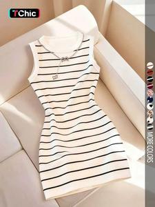 Women's Sleeveless Fitted Round Neck Dress with Striped Print, Spring/Summer