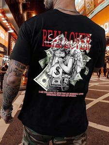 Men's Angel & Money Print Short Sleeve Tee, Loose Casual Comfy Round Neck T-shirt for Summer, Fashion Men's Top for Daily Wear