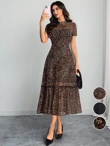 Women's Sexy Leopard Print Elegant Round Neck Mesh Skirt Dress, Stylish Casual Fashion, Perfect for Parties and Daily Wear