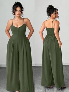 Elegant Plus Size Women's Spring Summer Pantsuit, Button Shoulder Straps, Pleated Waist Cinching Wide Leg Overalls, Long One-Piece