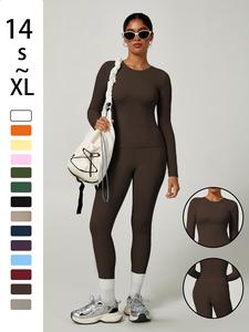 Women's Plain Long Sleeve Top & Pants Set, Comfortable Tight-Fit for Yoga Home Gym, Casual Kardashian Style Clothing, Workout Set