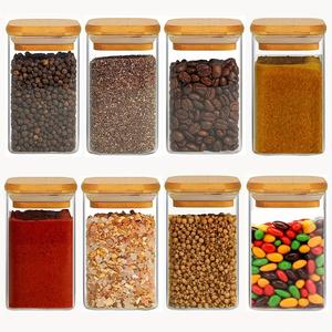 Clear Glass Food Storage Jar with Wooden Lid, 1/2/4/8 Counts Food Spice Coffee Bean Storage Container, Kitchen Storage & Organization Container for Home Dormitory Office Kitchen, Seasoning Jars Containers
