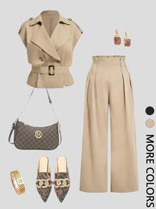 Women's Two-Piece Set Sleeveless Windbreaker Blazer Top + High-Waisted Pleated Loose Wide-Leg Pants, Casual Plain Suit for All Seasons