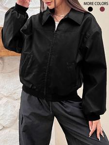 Women's Solid Color Pocket Zipper PU Leather Jacket, Street Fashion Long Sleeve Collared Outerwear for Daily Wear, Ladies Fall & Winter Clothes