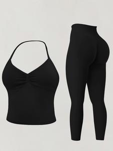Women's Sports Set, Halter Neck Sports Bra Vest & High Waist Tight Pants, Removable Pads, Suitable for Running and Yoga, Gym Workout Set, Sports Activewear Set