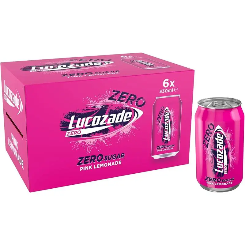 Lucozade Zero Fizzy Drink, Pink Lemonade Flavour, Sugar Free, Low Calorie, 6 Pack, 330ml Cans Beverage