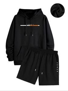 Men's Letter Print Hoodie & Drawstring Waist Shorts Two-piece Set, Casual Long Sleeve Hooded Sweatshirt & Track Shorts for Spring & Fall, Men's Clothes for Daily Wear
