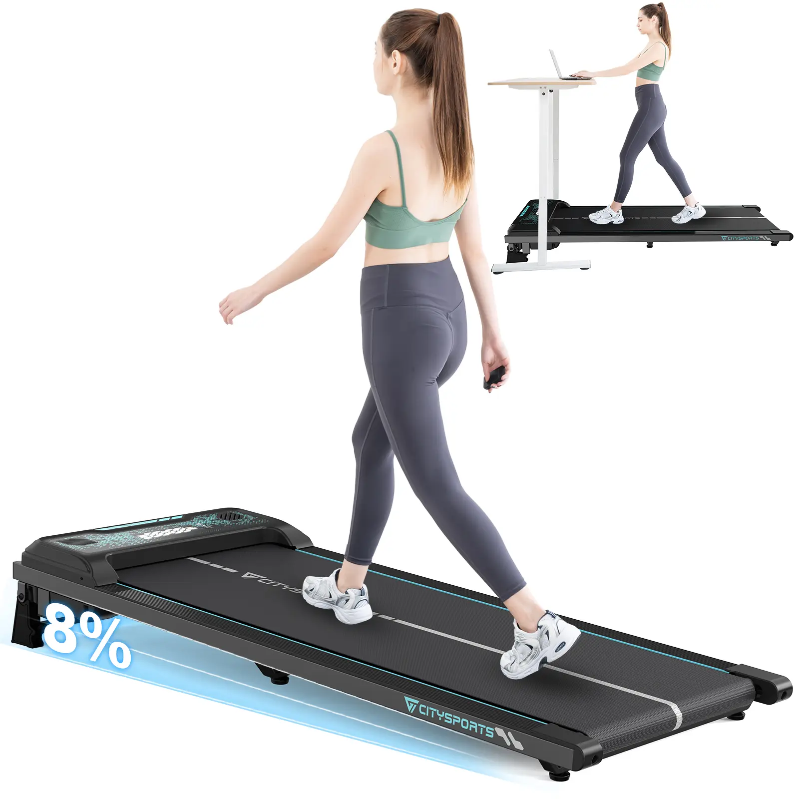 CITYSPORTS 8% Incline Walking Pad,Under Desk Treadmill,Walking Pad Treadmillfor Home Office,Ultra Slim Portable Walking Pad Treadmill, ,LED Display and Bluetooth Speaker,No Assembly