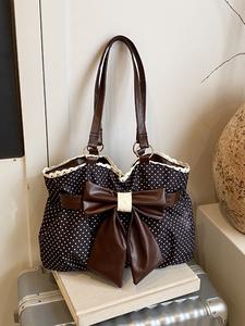 Trendy Fashion Large Capacity Polka Dot Bow Decor Bag, Handheld Shoulder Bag, Handbag Shoulder Purse, Stylish Women's Accessory, fashionable patterned bag, Perfect for Daily Use, PU Leather Bag