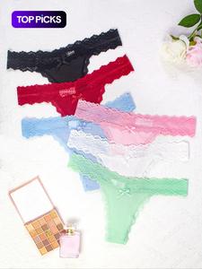 Women's 6pcs Bow Decor Sheer Lace Panty, Soft Breathable Comfortable Knicker, Panties for Women, Womenswear for 2024 Spring Summer, Underwear Women, Women's Underwear Bottoms