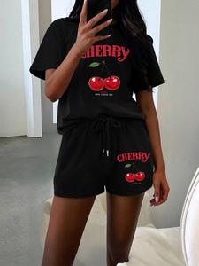 Two-piece Set Women's Cherry & Letter Print Shortsleeve Tee & Shorts Set, Casual Short Sleeve T-shirt & Shorts, Ladies Summer Clothes for Daily Wear, Suits, Womenswear, Casual Matching Set, Cozy Lounge Set