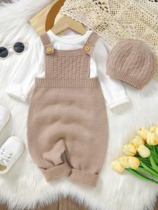 Baby's Solid Button Sweater Onesie & Hat, Casual Sleeveless Knitwear Set for Daily Wear, Newborn Hospital Outfit, Newborn Infant Kids Clothes for All Seasons,  Baby Clothes