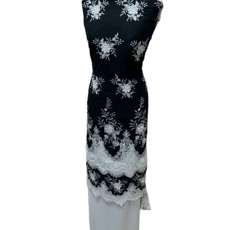 Navy / Black Double Border Cotton with 3D Thread Embroidery
