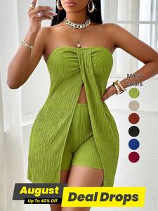 Women's Plain Ruched Split Hem Plicated Tube Top & Elastic Waist Shorts Two-Piece Set, Casual Minimalist Fashion Cozy Two Piece Outfits for Daily Outdoor Wear, Everyday Ladies Summer Clothes