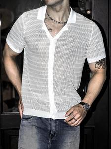 Men's Hollow Out Knit Top, Regular Fit Casual Short Sleeve Collared Knitwear for Summer, Fashion Men's Knit Clothing for Daily Wear