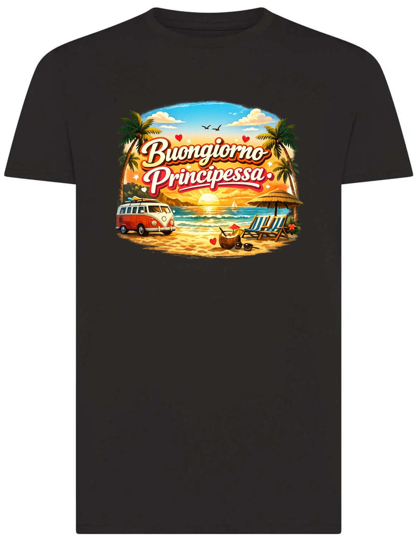 T-Shirt "Buongiorno Principessa" Nera con Stampa Tropicale Tramonto sul Mare Palme e Van Vintage Look Romantico Estivo