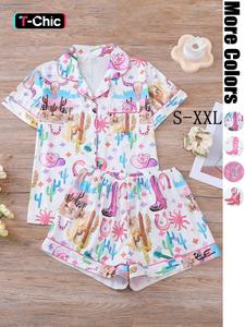 Women's All Over Print Shirt & Shorts Pajama, Western Cowboy Style Casual Comfy Short Sleeve Pocket Top & Shorts Set, Ladies Sleepwear for All Seasons, Matching Pj Set, Pajamas Lounge Set