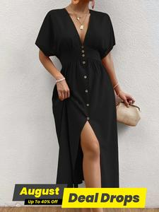 Women's Plain Button Front Short Sleeve Dress, Elegant Minimalist Dress for Party Holiday Wedding Guest, Ladies Summer Clothes