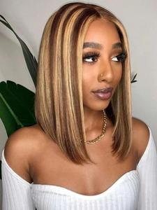 14 Inch Blonde Highlight Straight Human Hair Bob Wigs, 180 Density HD Transparent Lace Front Wigs, Fashionable Wig for Women
