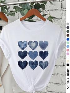 Women's Denim-like Heart Print Short Sleeve Pajama Tee, Casual Comfy Round Neck T-shirt for Daily Wear, Ladies Sleepwear for All Seasons, Top