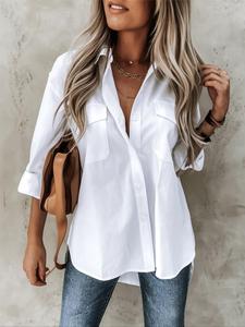 Plus Size Plain Pocket Button Front High Low Hem Shirt, Casual Drop Shoulder Roll Up Sleeve Shirt for Summer, Women's Clothes for Daily Wear
