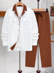 Men's Solid Button Front Shirt & Drawstring Waist Pants Set, Regular Fit Long Sleeve Lapel Neckline Top & Pocket Trousers, Casual Fashion Cozy Breathable Men Two-piece Outfits for Fall & Winter