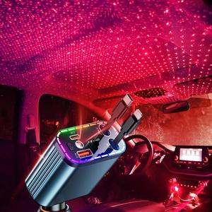 4 in 1 Retractable Fast Rapid Car Charger with Starry Light projector, 30W Car Essential Product Goodies Accessories Adapter Lightning USB-C, Birthday Gift for Dad Him Her Girlfriend, Holiday Decoration interior Ambient lights for cars truck suv vans