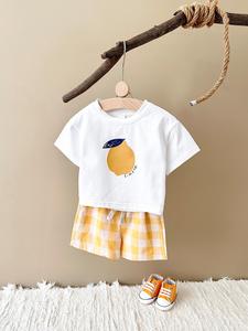 Baby's Fruit Print Tee & Shorts Two-piece Set, Casual Short Sleeve T-shirt & Shorts for Pretty Little Baby Daily Wear, Infant Toddler Kids Summer Clothes Outfit, Baby Clothing, Baby Girl Clothes, Newborn Gift Set