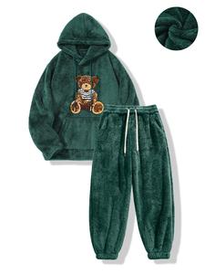 Men's Cartoon Bear Fluffy Hoodie & Sweatpants Set, Loose Casual Long Sleeve Hooded Sweatshirt & Trousers, Men's Fall & Winter Clothes
