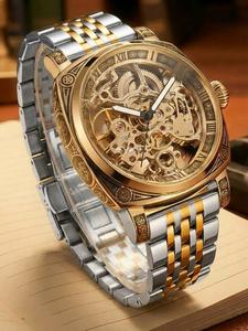Men's Classic Business Round Dial Mechanical Analog Skeleton Watch, Stainless Steel Strap Skeleton Wrist Watch, Automatic Mechanical Watch for Men with Box Christmas Gift, Luxury Watches for Men