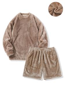 Men's Solid Drop Shoulder Sweatshirt & Drawstring Waist Pocket Shorts Thermal Lined Set, Casual Fashion Cozy Breathable Two-piece Outfits for Daily Outdoor Wear, Men Clothes for Fall & Winter