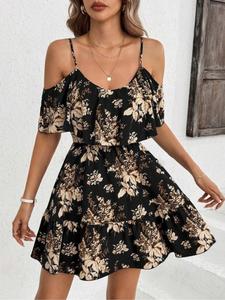Women's Summer Holiday Slimming Fashion Casual Wear Dress, Casual Chic Dress, Boho Bohemian Beach Halter Backless Floral Print Dress, Short Fitted Ruffle Sleeveless Dress Womenswear