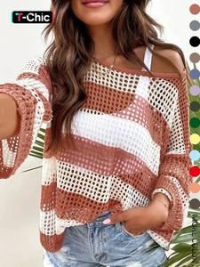 Women's Striped Print Hollow Out Sheer Drop Shoulder Sweater, Casual Long Sleeve Boat Neck Jumper for Spring & Fall, Fashion Women's Knitwear for Daily Wear