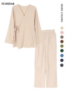 Women's Casual Loose-Fitting Tie Front Top & Pants Set, Elegant Daily Wear with Pockets, Comfortable Long Sleeve
