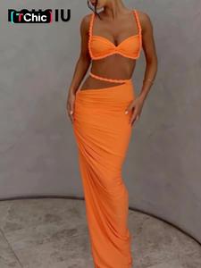 Women's Plain Twist Ruched Crop Cami Top & Ruched  Skirt Two-piece Set, Solid Crop Top & Long Skirt, Ladies Summer Clothes for Beach Holiday Vacation