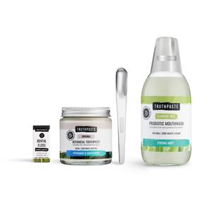 The Essentials Bundle. Original Botanical toothpaste, probiotic mouthwash (Fluoride Free) and floss. Care for your oral microbiome, protect against sensitivity.
