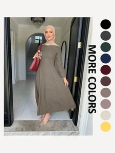 Lm102 Tie-waist Corset Back Maxi Dress Linen-Like Abaya | Modest Muslim Fashion
